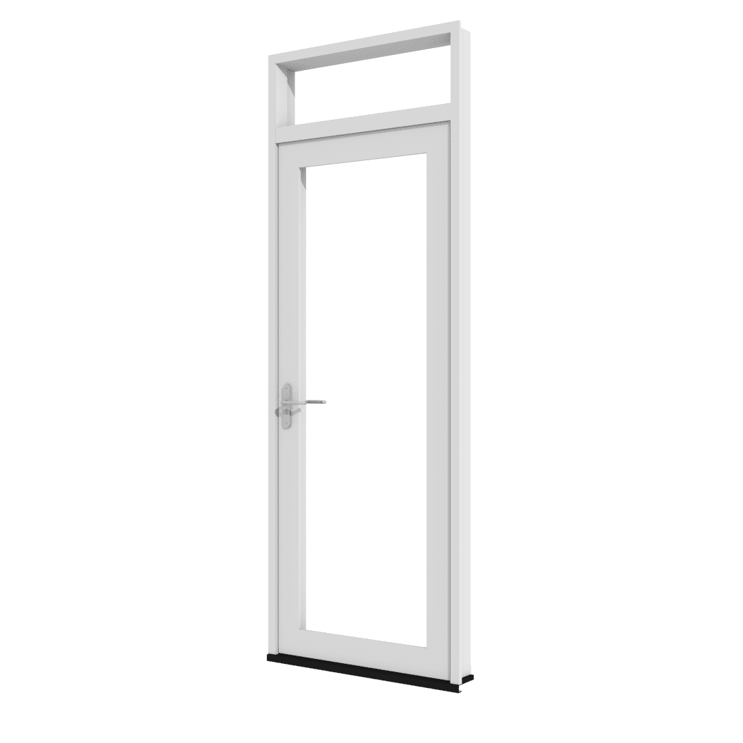 Haustür weiß aus Kunststoff mit großer Glasfüllung und Oberlicht, schmaler Rahmen und sichtbare Türklinke