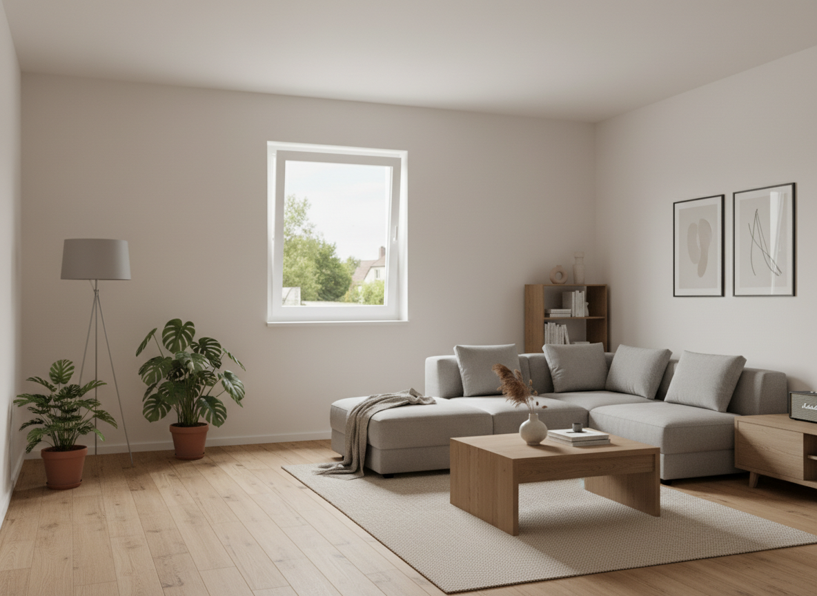 Kunststofffenster weiß, Kunststoff, einflügeliges Fenster im modernen Wohnzimmer mit Holzfußboden