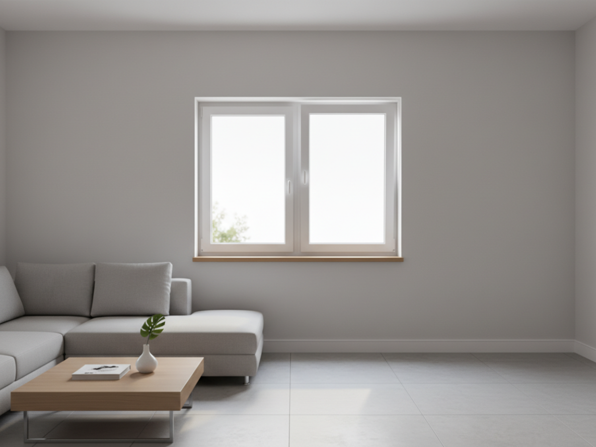 Kunststofffenster weiß, zweiflügelig aus Kunststoff mit Holzfensterbank im hellen Wohnzimmer