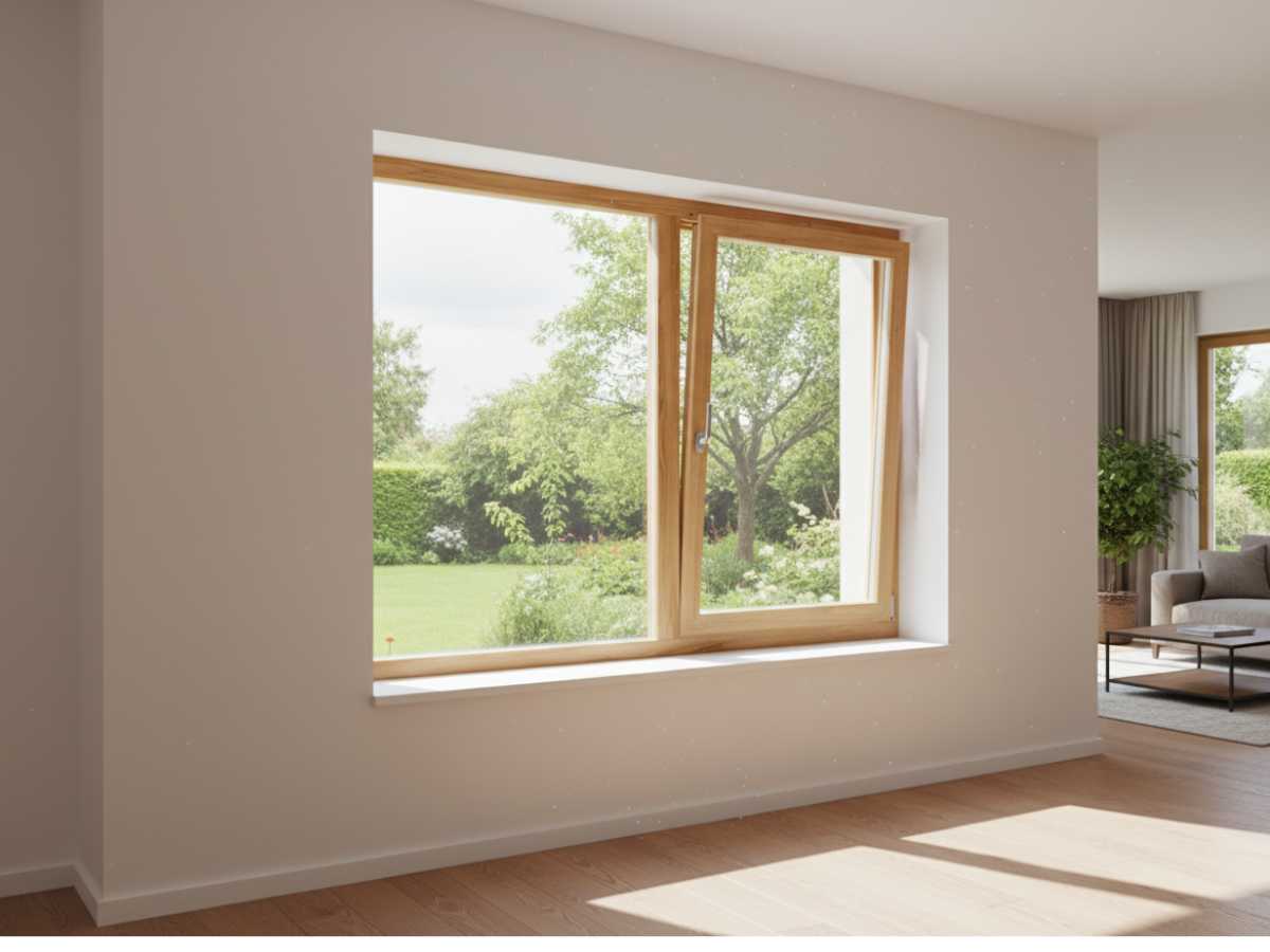 Holz-Kippfenster (links) mit Festverglasung im wohnzimmer