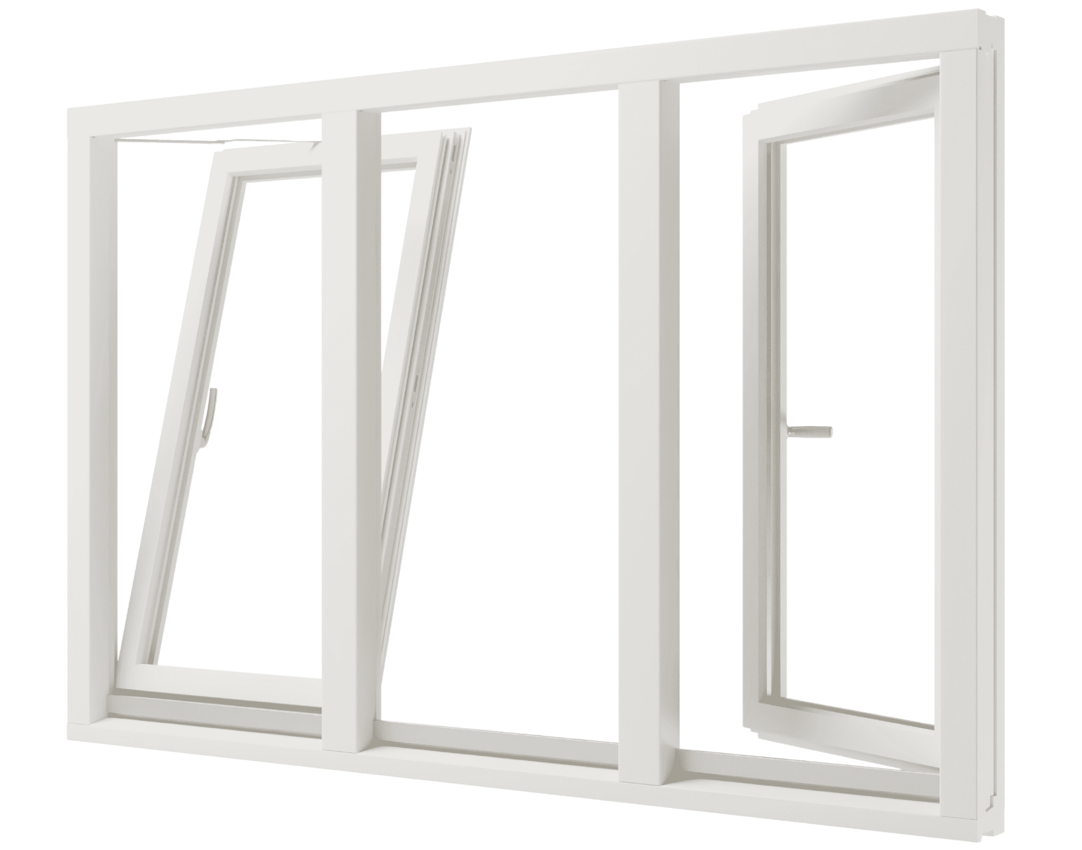 Kunststofffenster weiß aus Kunststoff mit Kipp- und Drehflügeln, offener zweiflügeliger Rahmen und Griff