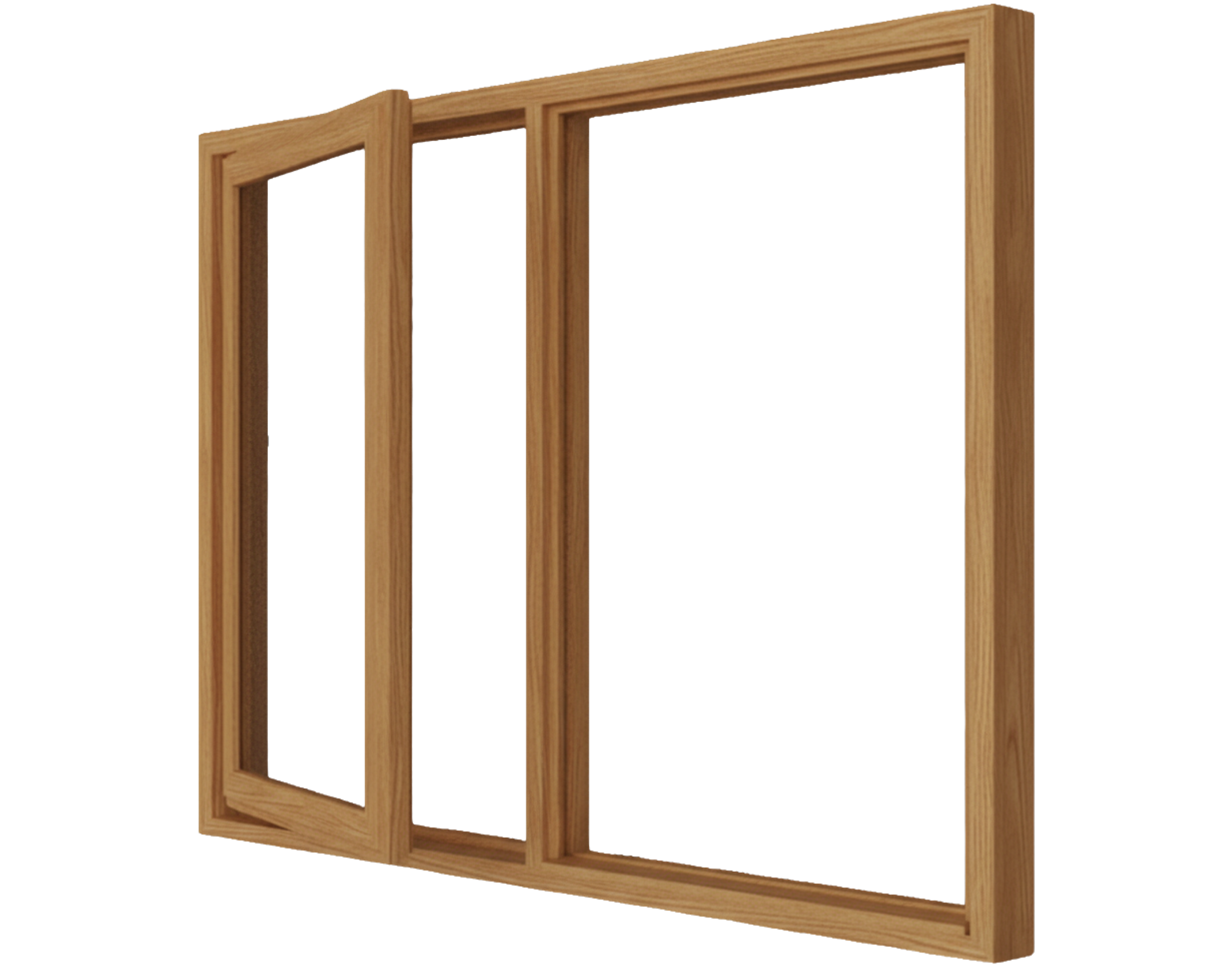 Holzfenster hellbraun aus Holz, dreiteiliger offener Rahmen ohne Verglasung mit sichtbarer Holzmaserung