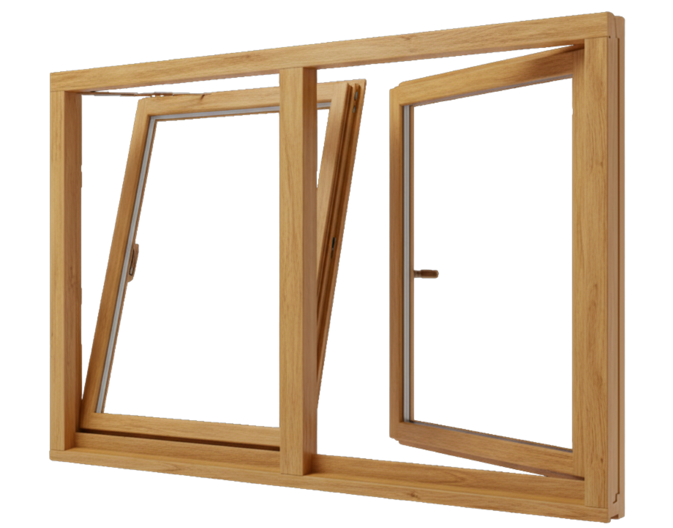 Holzfenster hellbraun, zweiflügelig mit Kipp- und Drehfunktion und sichtbarer Holzmaserung