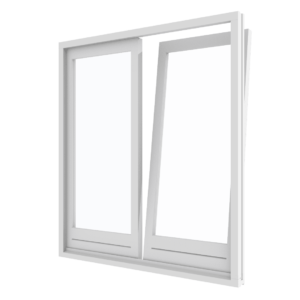 Kunststofffenster weiß, zweiflügelig aus Kunststoff, ein Flügel gekippt, klare Verglasung