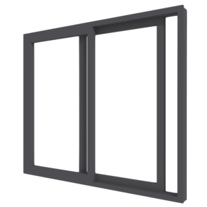 Zweiflügelige Hebeschiebetür aus Aluminium mit zwei großen Glasflächen, geschlossen dargestellt.